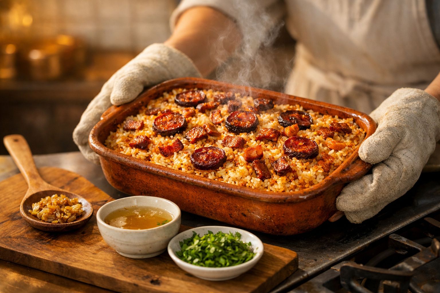 Travessa de arroz de forno com chouriço a ser servida, azeite e salsa ao lado, ao fundo um forno aberto.