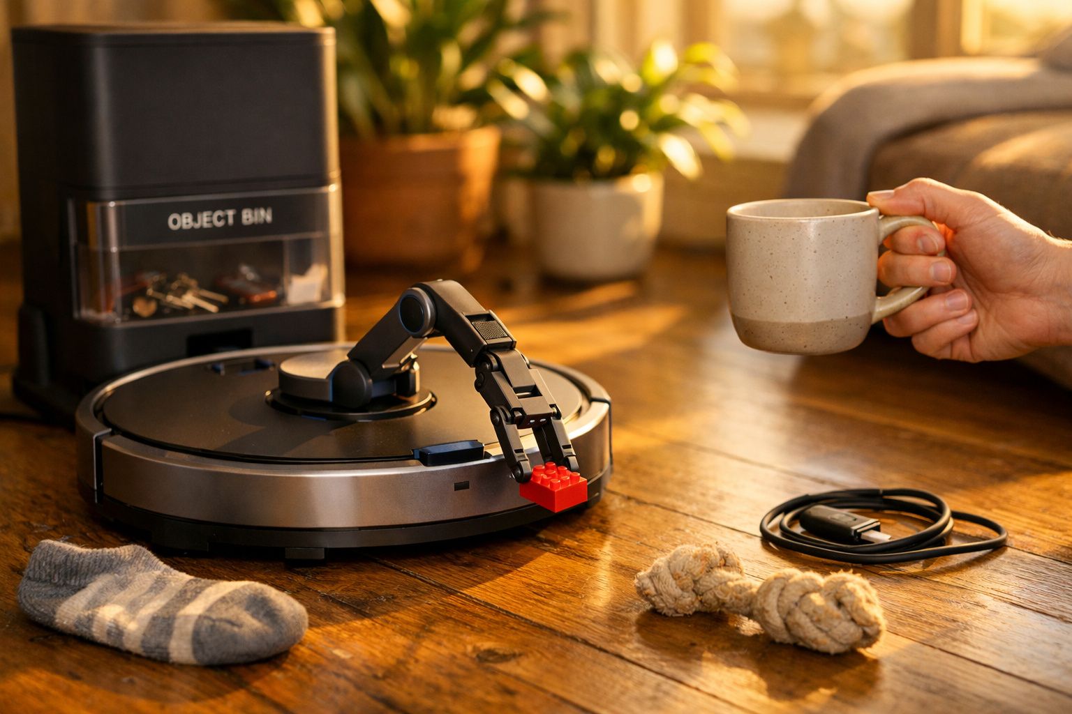 Robô aspirador com braço mecânico, copo na mão, fio e meias no chão. Planta ao fundo.
