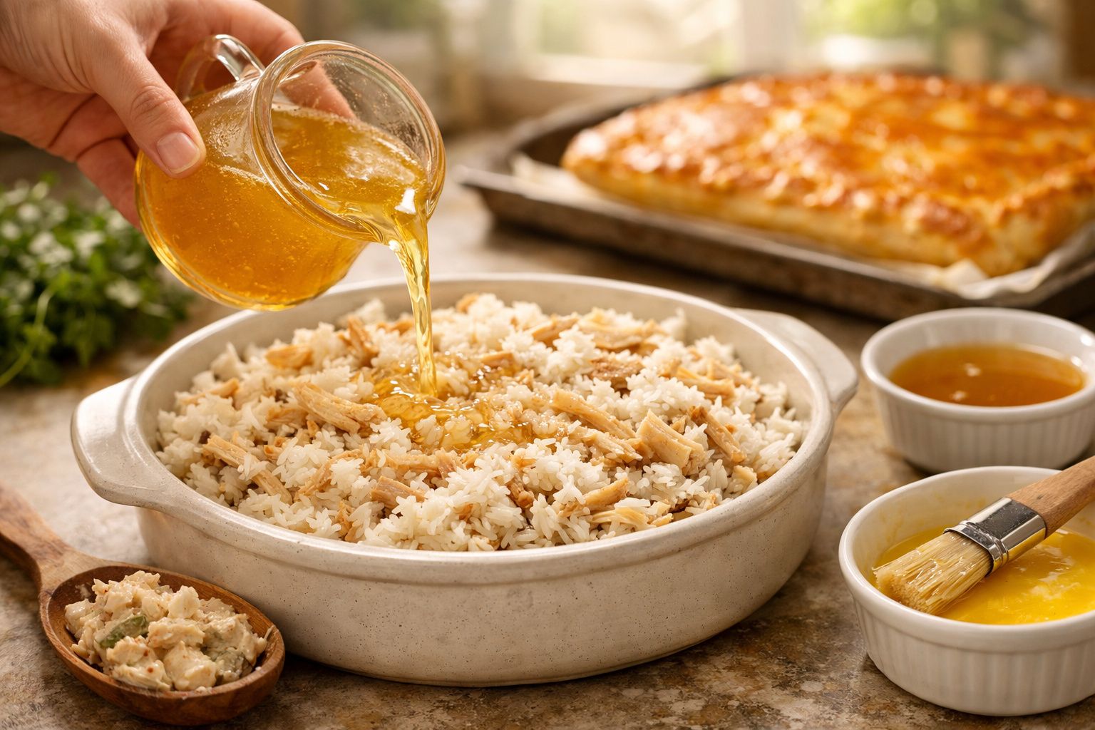 Uma porção de empadão de frango gratinado a ser servida de um tabuleiro, com um molho ao lado.