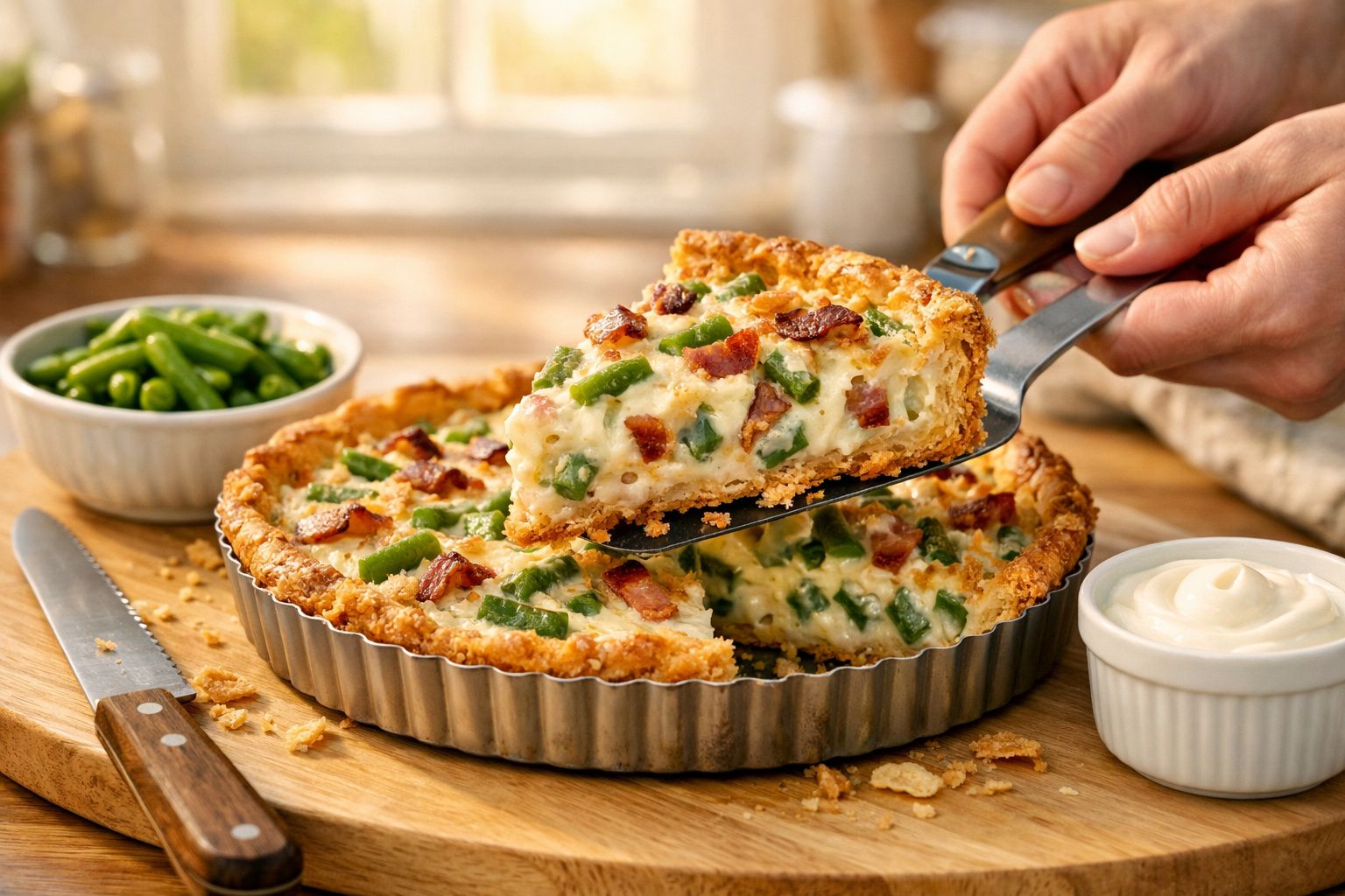 Quiche recheada com bacon e vegetais, servida em fatia. Ao fundo, um ramequim de molho e feijões-verdes.