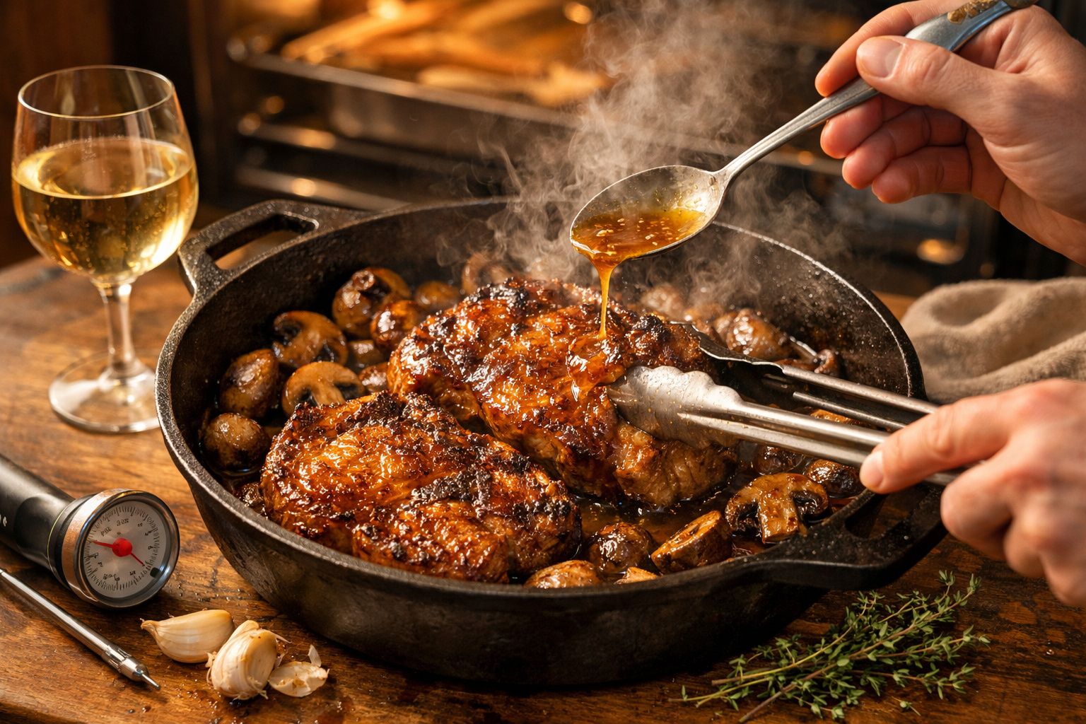 Carne assada a ser temperada numa frigideira com cogumelos, junto a um copo de vinho branco sobre uma mesa de madeira.