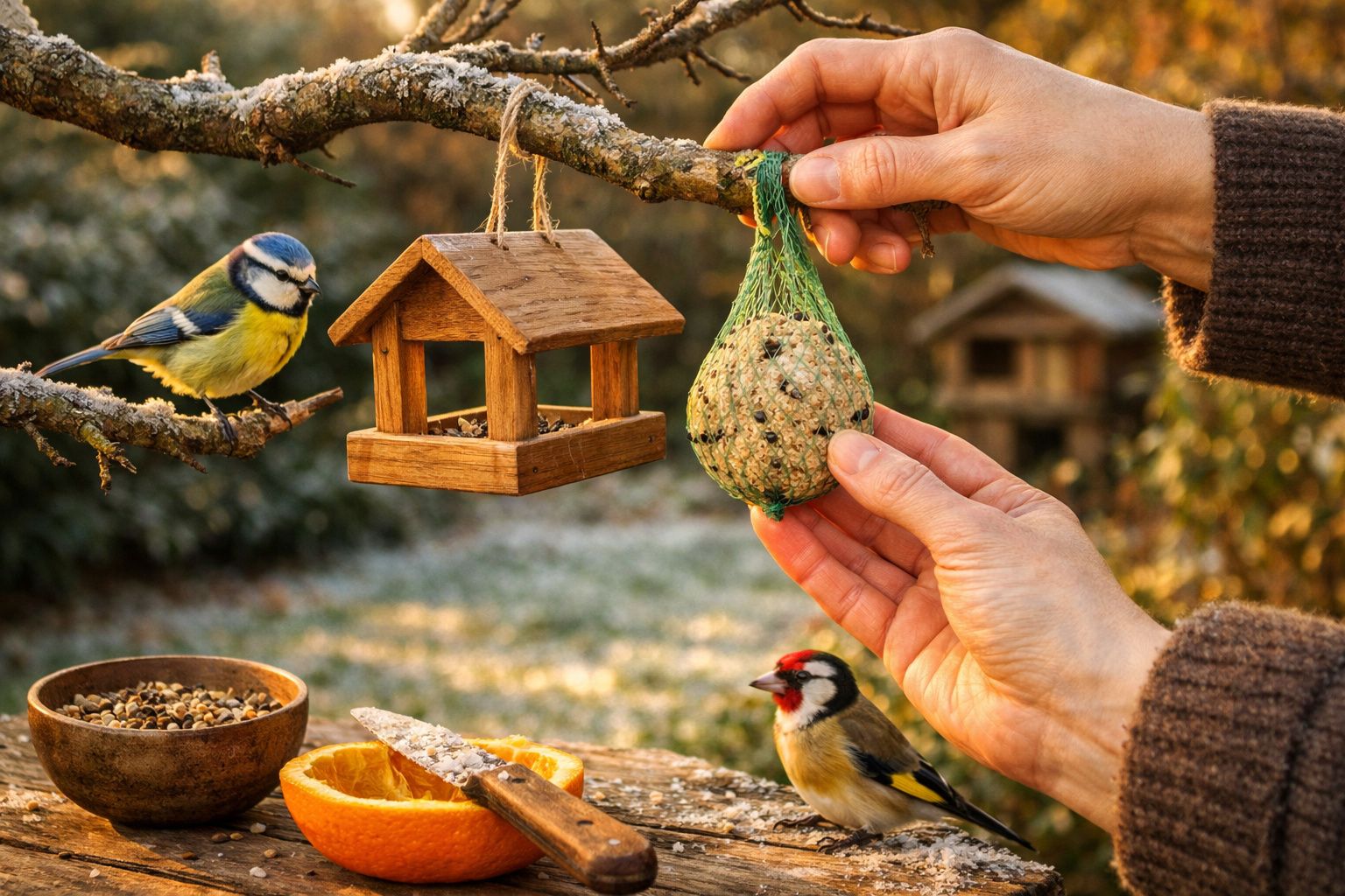 Mãos penduram alimento para aves ao lado de um comedouro de madeira, com dois pássaros coloridos por perto.