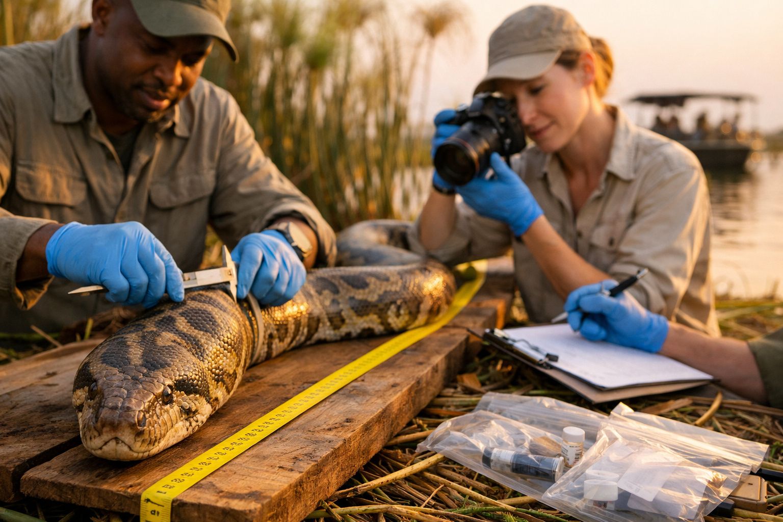 Duas pessoas medem uma píton numa plataforma de madeira, uma tira fotografias, a outra anota dados.