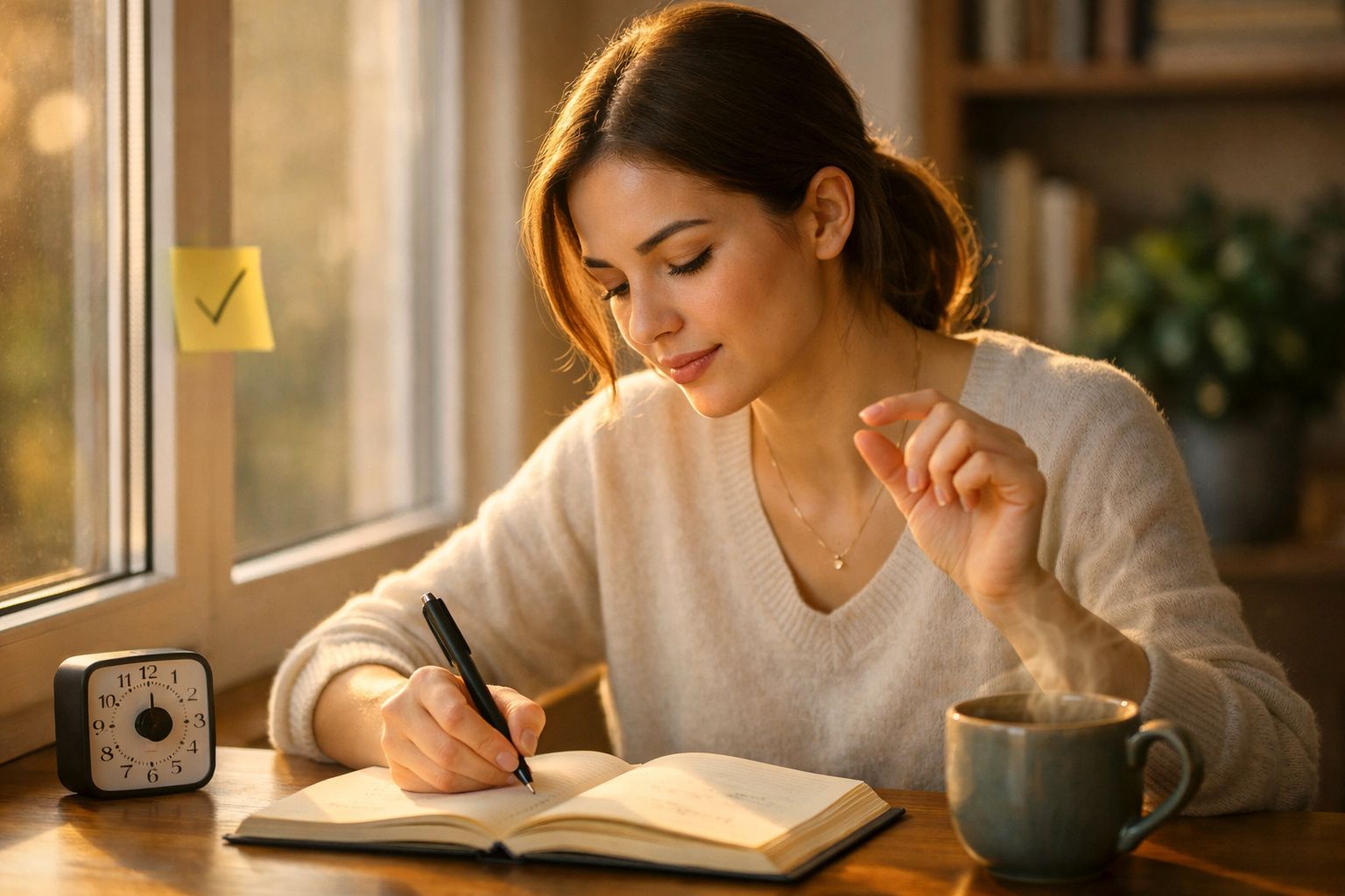 Mulher escreve num bloco de notas junto a uma janela, com uma chávena e despertador na mesa.