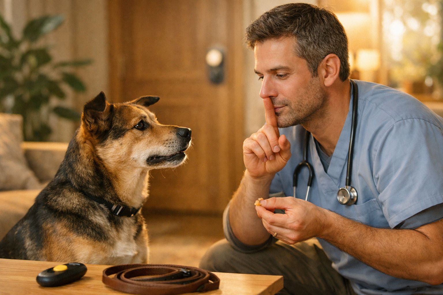 Veterinário em uniforme azul treina cão sentado, gesto de silêncio e petisco na mão.