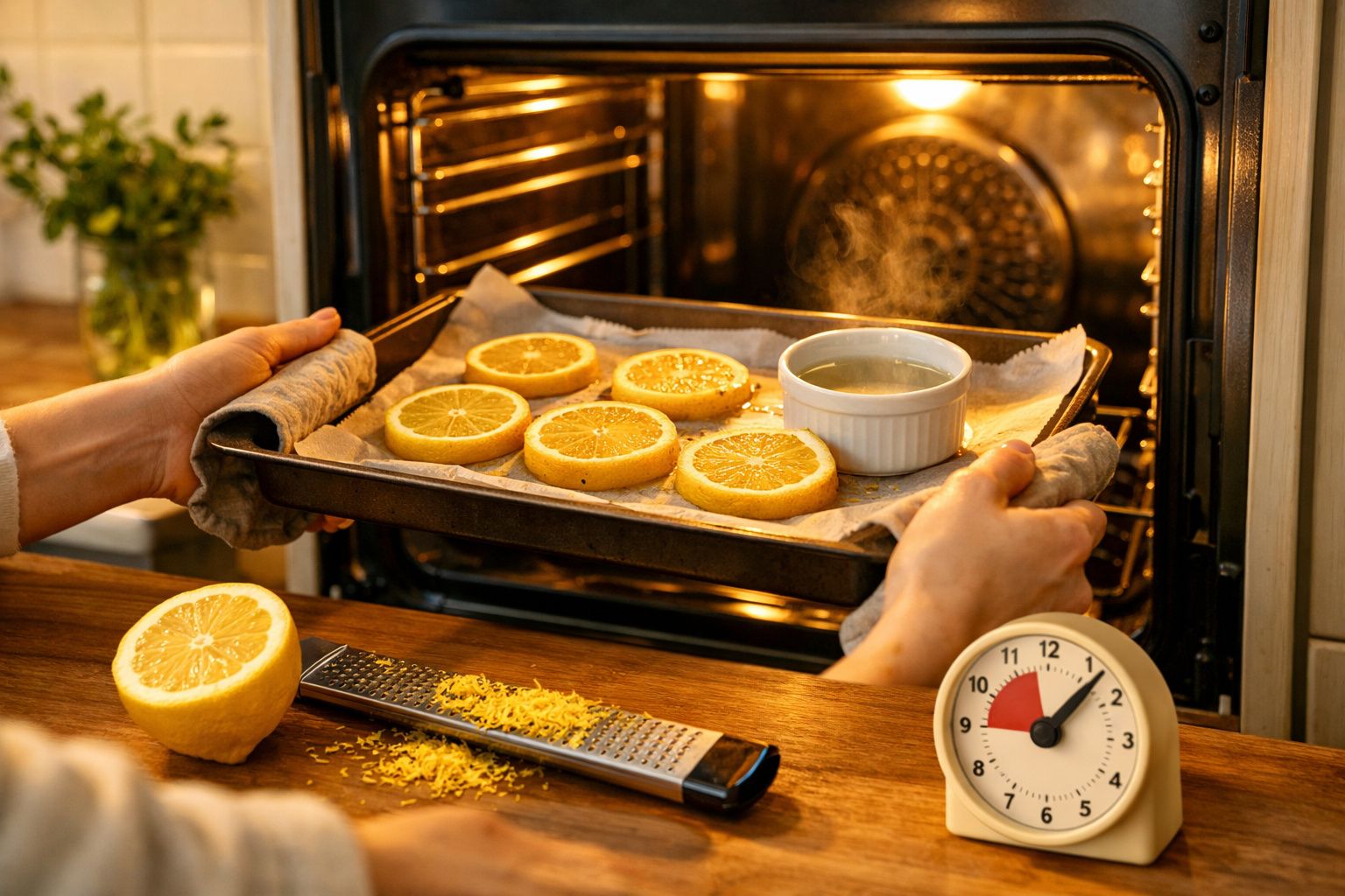 Rodela de laranja grelhada em tabuleiro no forno; fundo com meia laranja e recipiente de sal.