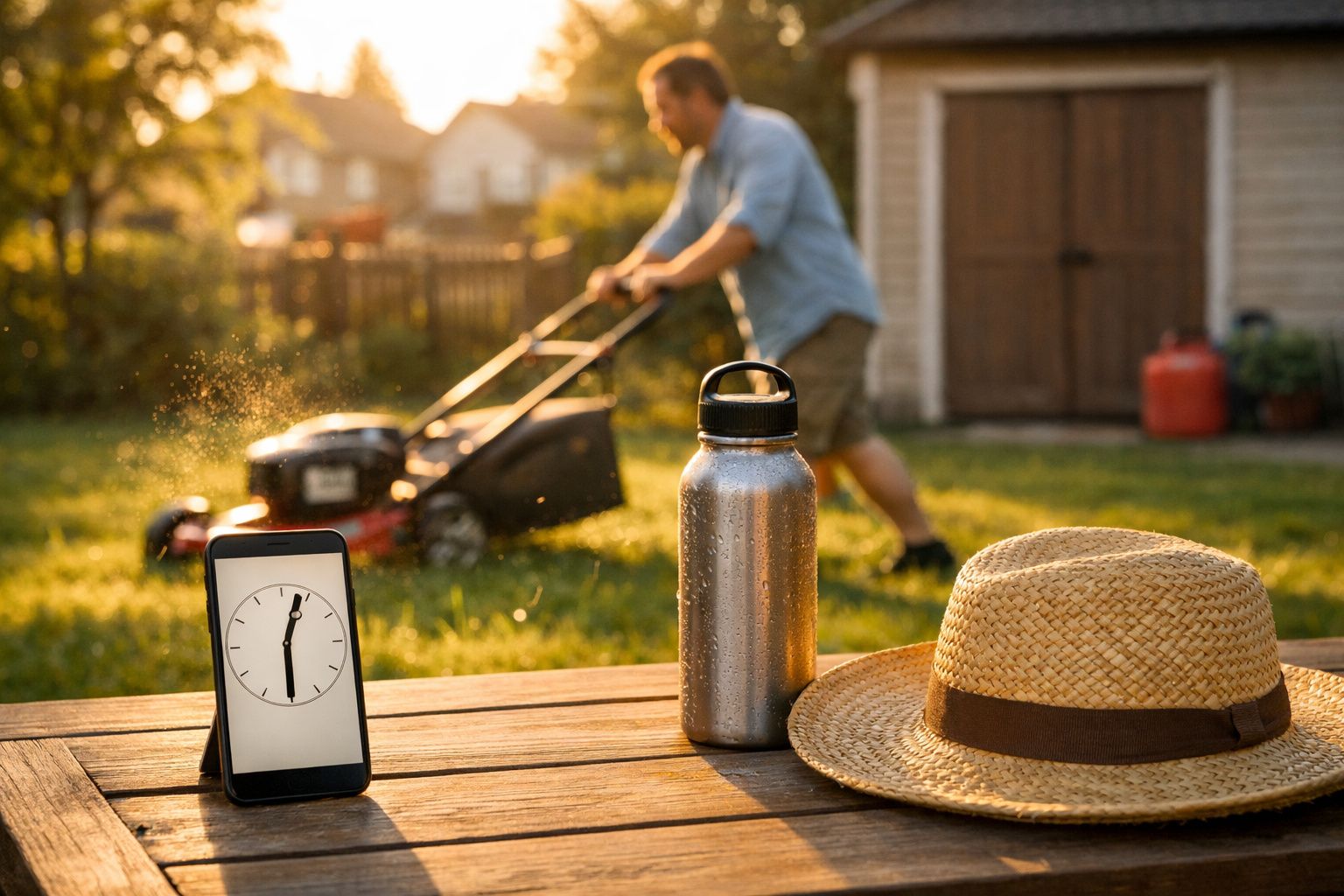 Homem a cortar relva ao fundo, com chapéu, garrafa e telemóvel sobre mesa em primeiro plano.