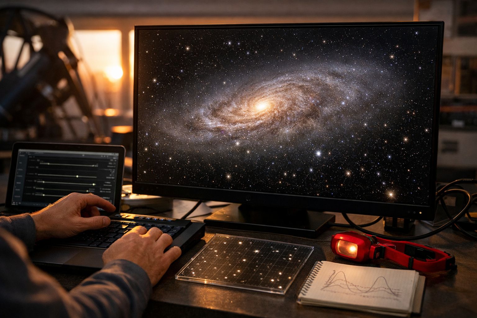 Pessoa a usar um computador com imagem de galáxia no ecrã; ao lado, tablet, gráficos e uma lanterna vermelha.