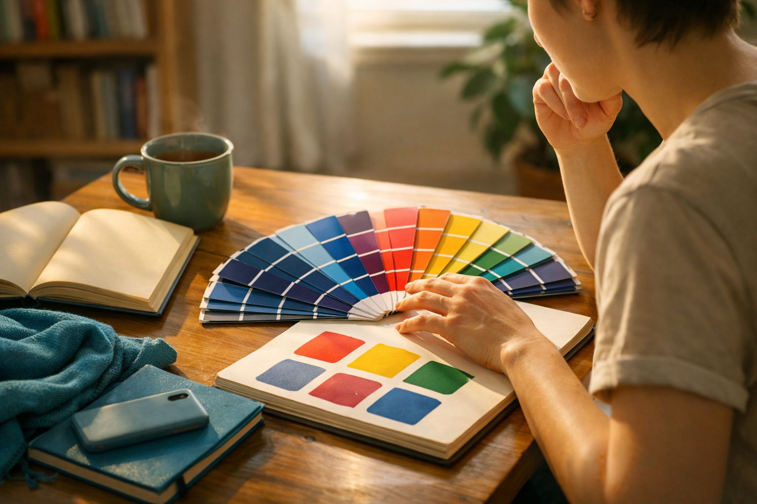 Pessoa analisa amostras de cores em mesa com café, caderno e telemóvel.