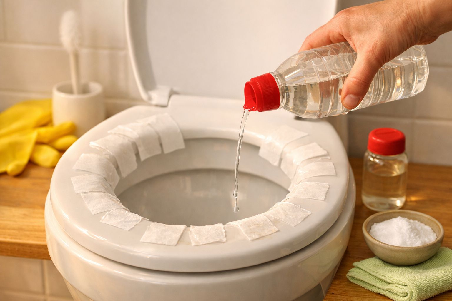 Pessoa despeja líquido de garrafa plástica numa sanita com lenços de papel colados.