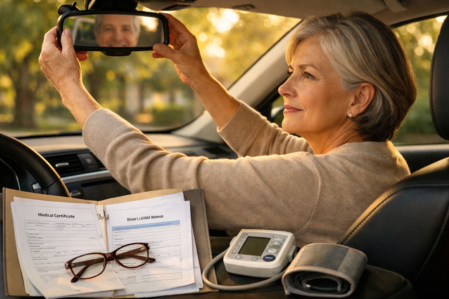Mulher madura no carro, tirando uma foto com tablet. Na frente, óculos, documentos médicos e um medidor de pressão.