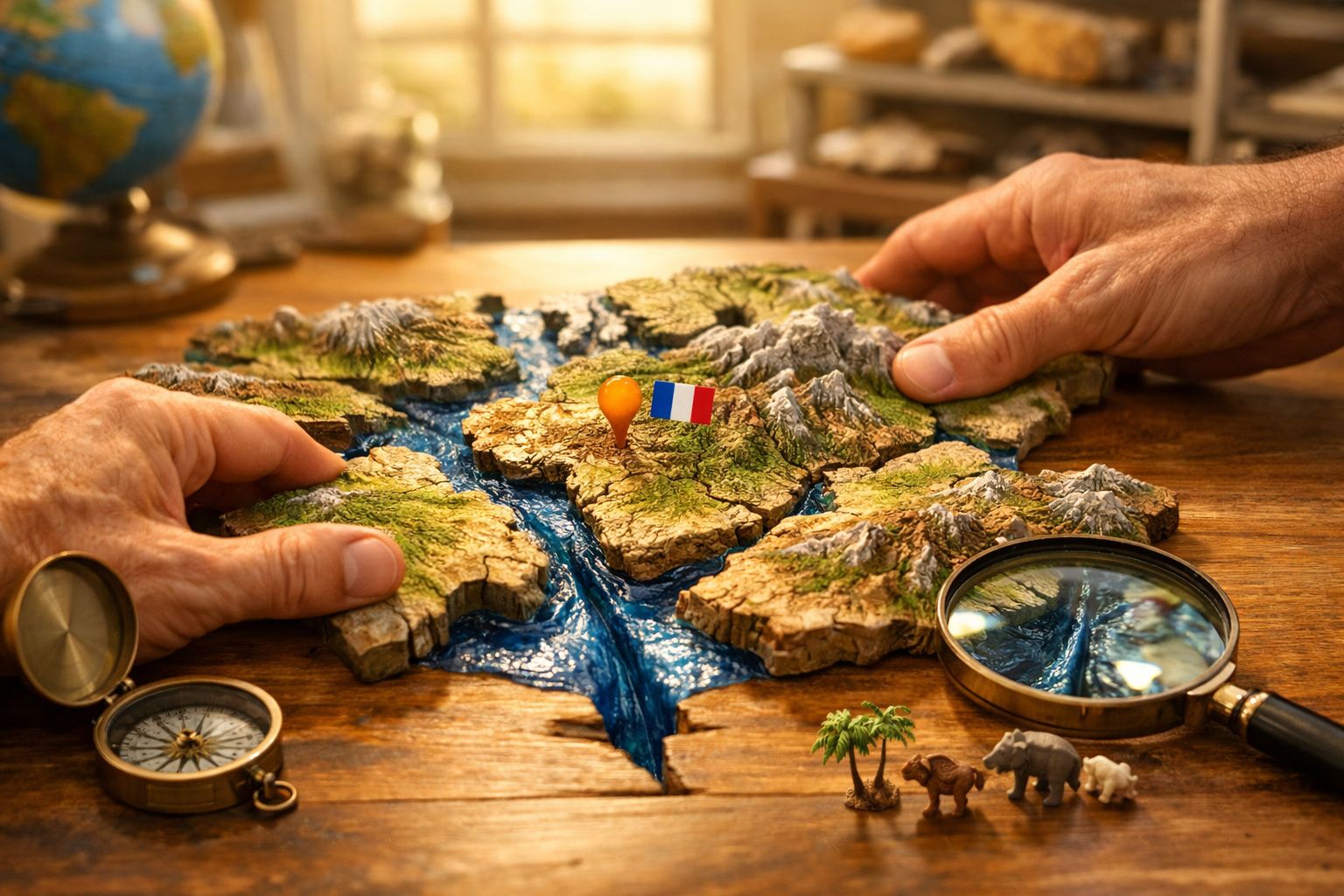 Mãos manipulando um puzzle esférico do mundo, destacando um mapa de França com um alfinete, ao lado de uma bússola.
