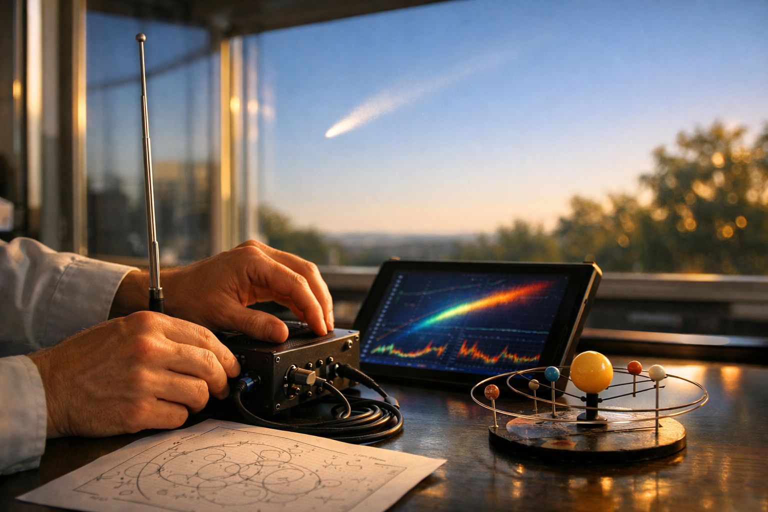 Mãos ajustam equipamento junto a tablet com gráfico, modelo astronómico e cometa visível à janela ao entardecer.