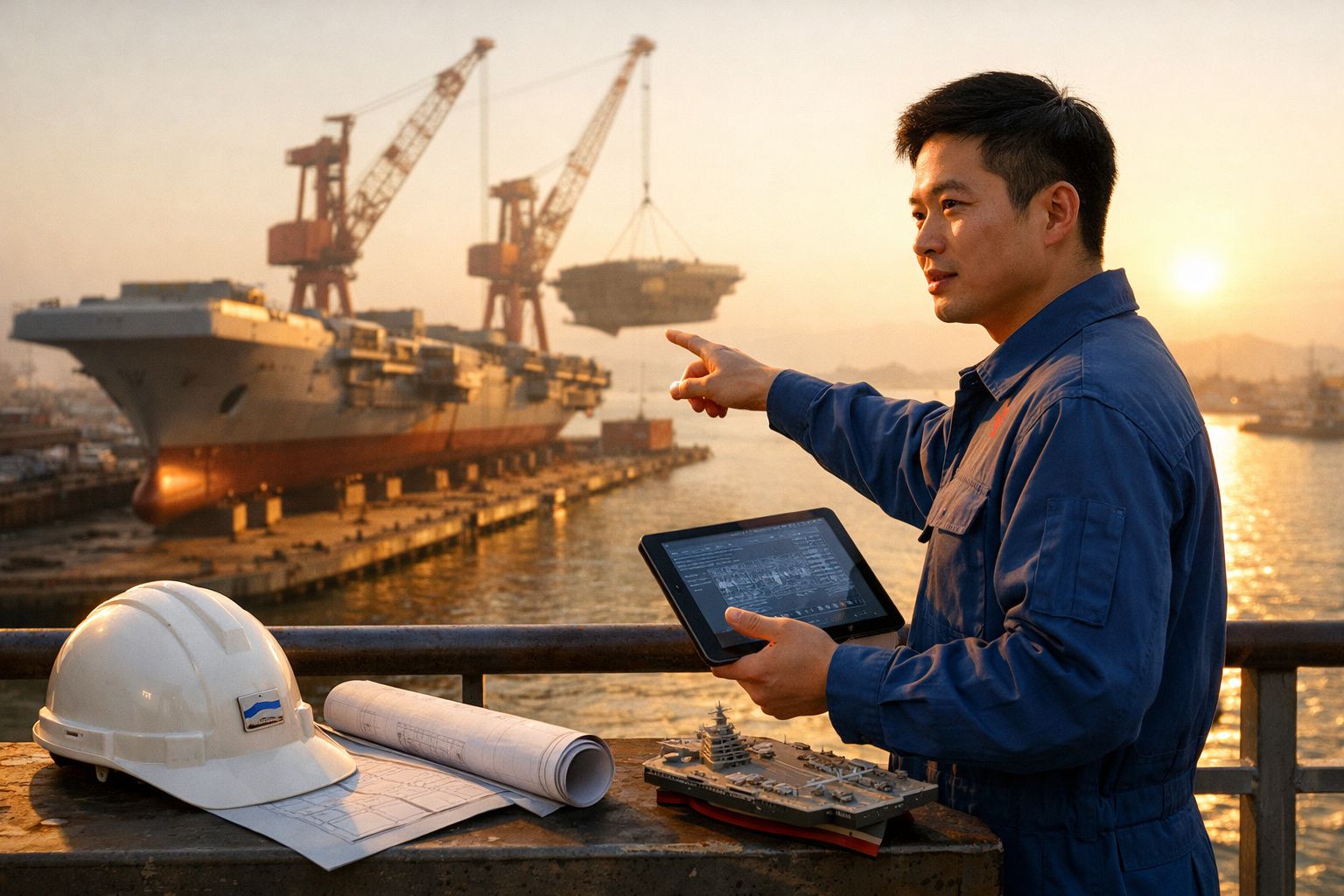 Engenheiro com capacete consulta tablet em estaleiro, navios em construção ao pôr do sol.