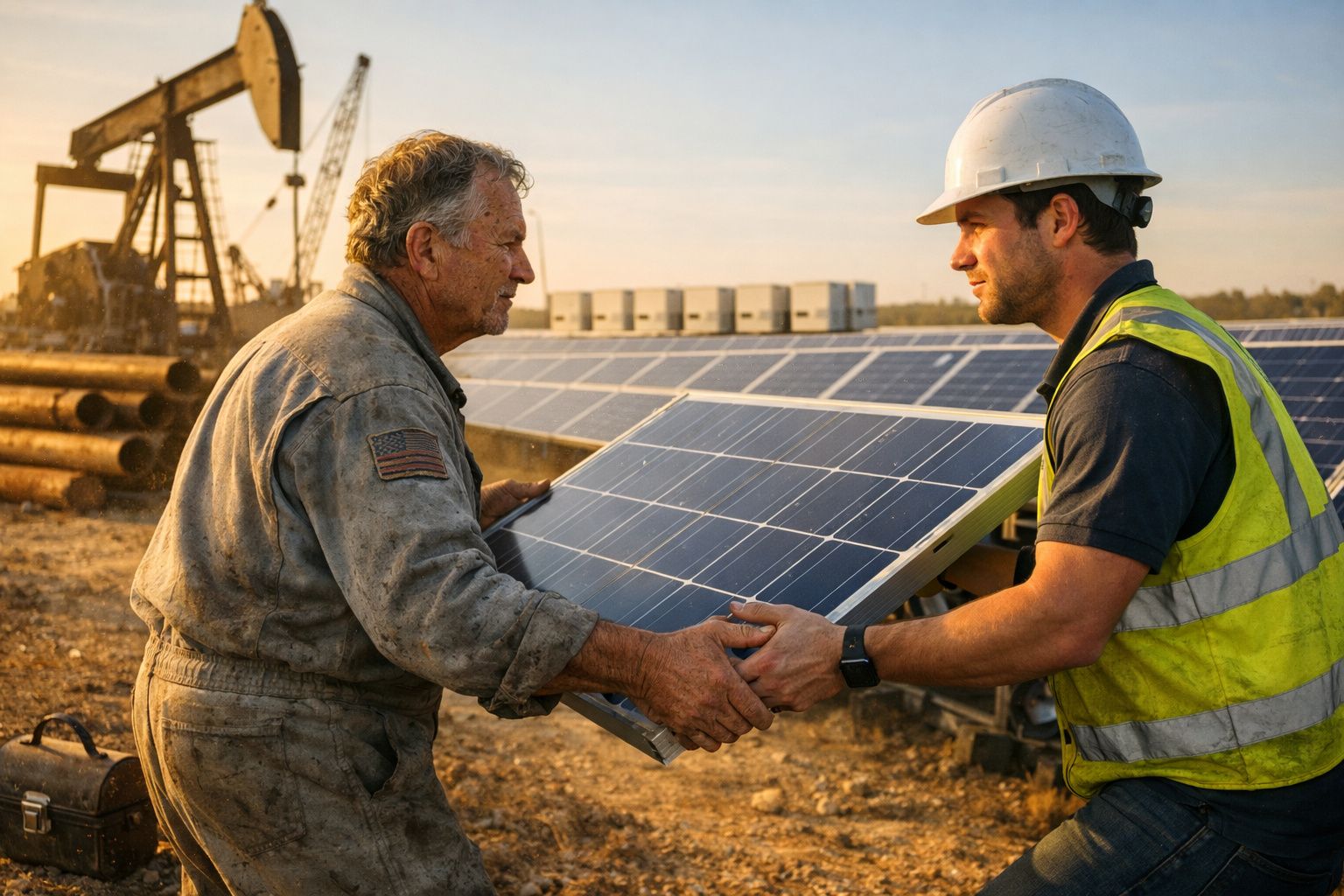 Homem instala painel solar ao pôr do sol, com capacete amarelo e caixa de ferramentas ao lado, indústria ao fundo.