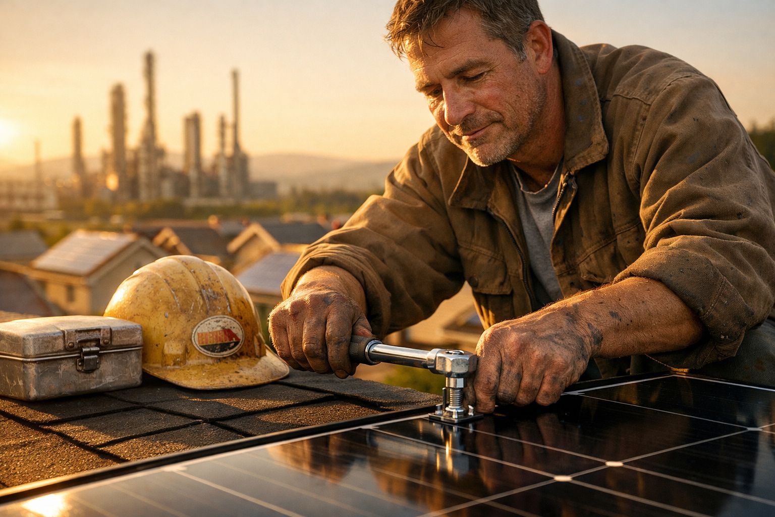 Trabalhador instala painéis solares ao pôr do sol, com capacete ao lado e fábrica ao fundo.
