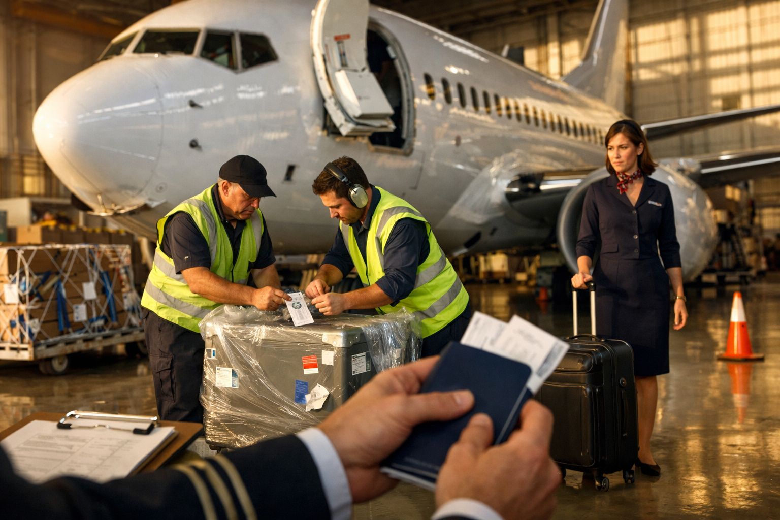 Avião branco na pista com bandeira dos EUA, rebocado por veículo; dois homens de colete discutem ao lado.