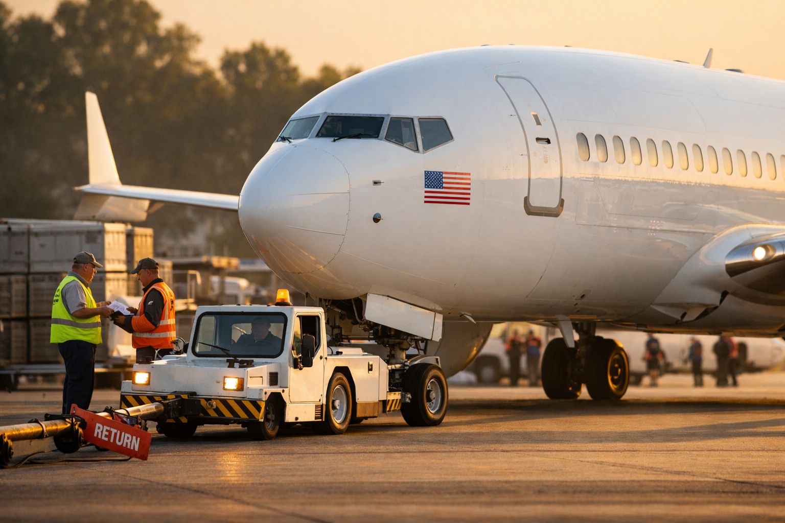 Avião branco em pista de aeroporto, rebocado por veículo, com duas pessoas conversando ao lado.