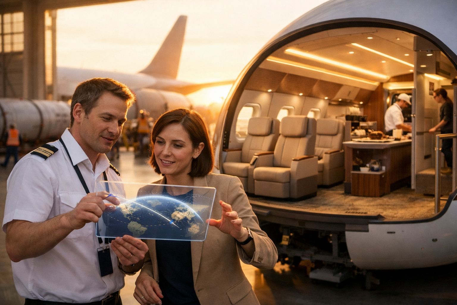 Pessoa a segurar tablet com imagem da Terra em hangar, junto a um avião e modelo de motor a jato em exposição.