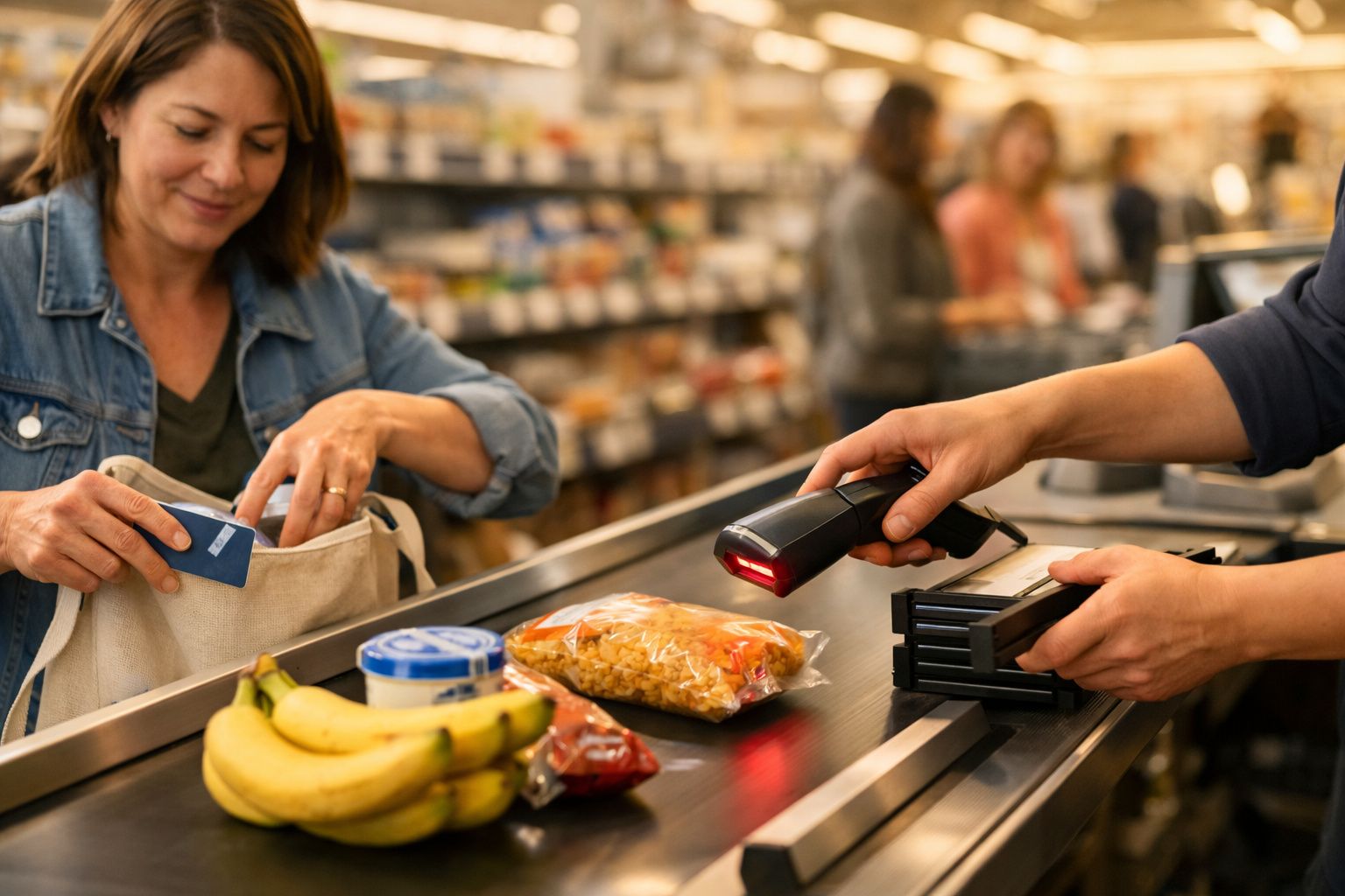 Mulher a embalar compras enquanto um funcionário regista produtos num supermercado.
