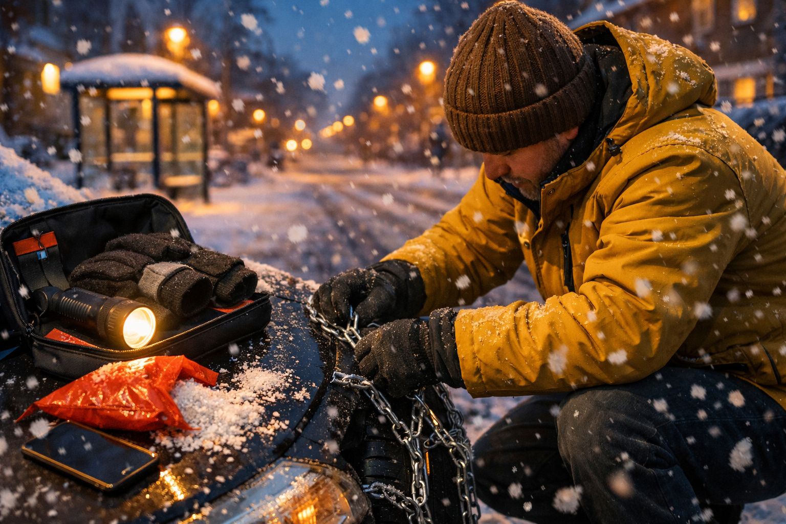 Homem instala correntes de neve no carro sob nevasca, com lanterna e luvas no capô, em cenário de rua noturna.