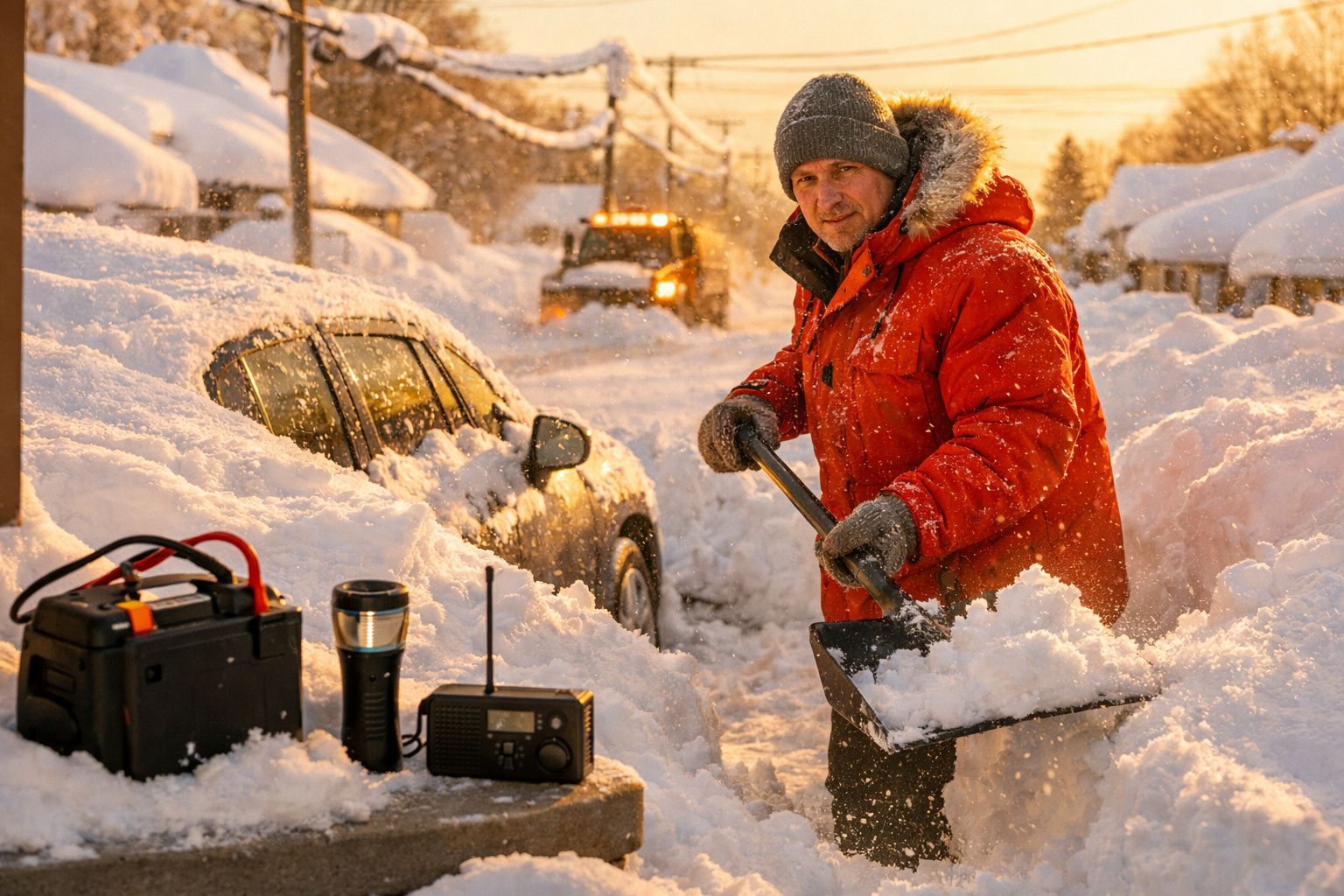 Homem com casaco laranja a limpar neve ao lado de um carro coberto de neve, com rádio e lanterna na calçada.