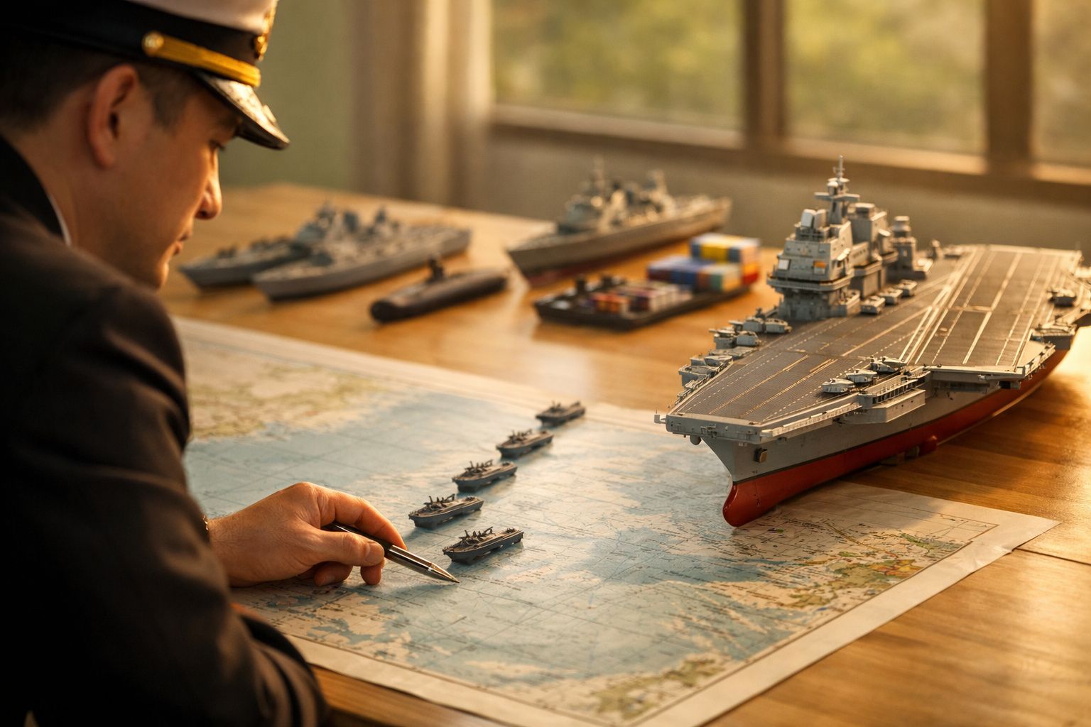 Mãos de oficial naval movendo modelos de navios sobre um mapa, com uma bússola ao lado.