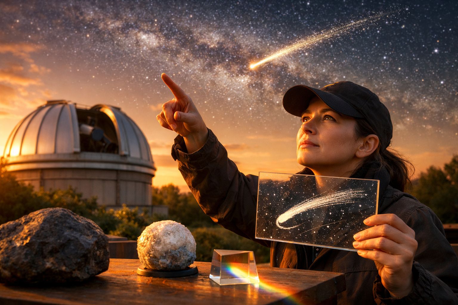 Mulher aponta para estrela cadente com telescópio ao fundo e segura ilustração de cometa.