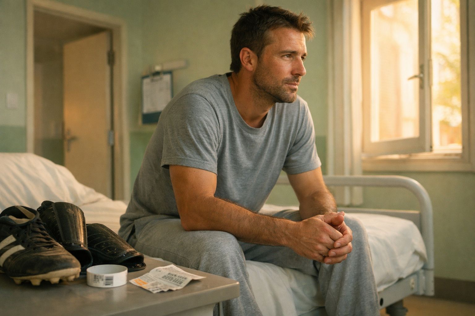 Homem pensativo sentado numa cama de hospital, com chuteiras e fita na mesa ao lado. Luz entra pela janela.