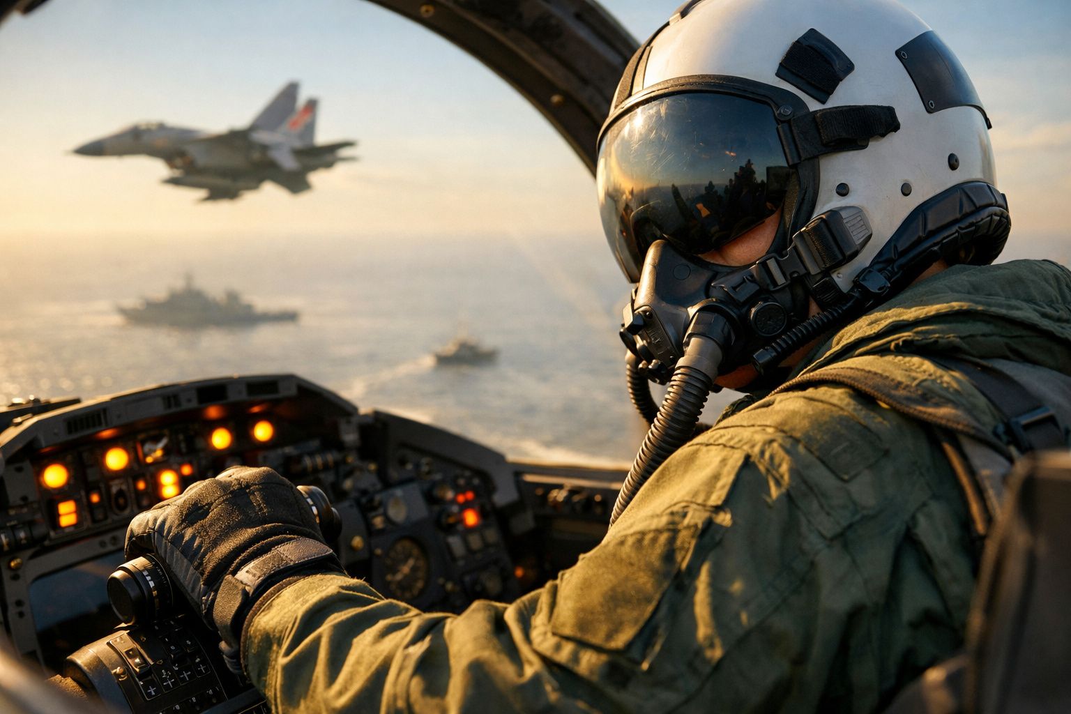Piloto de caça no cockpit observa aeronave em voo e navios no mar ao fundo, durante o pôr do sol.