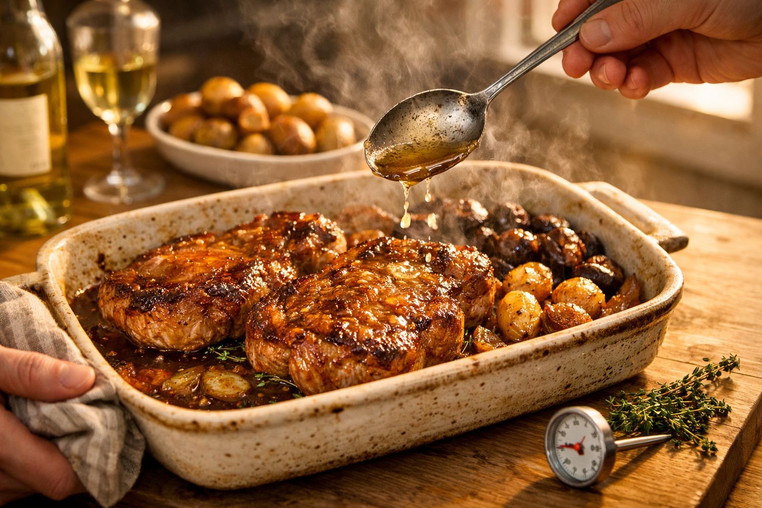 Bife grelhado com alho, cogumelos e limão numa frigideira de ferro fundido; mão adiciona molho com uma colher.