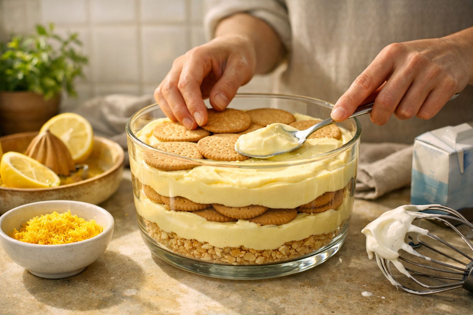 Pessoa preparando sobremesa de bolacha, camadas de creme e bolachas num pirex, com limão ao fundo.