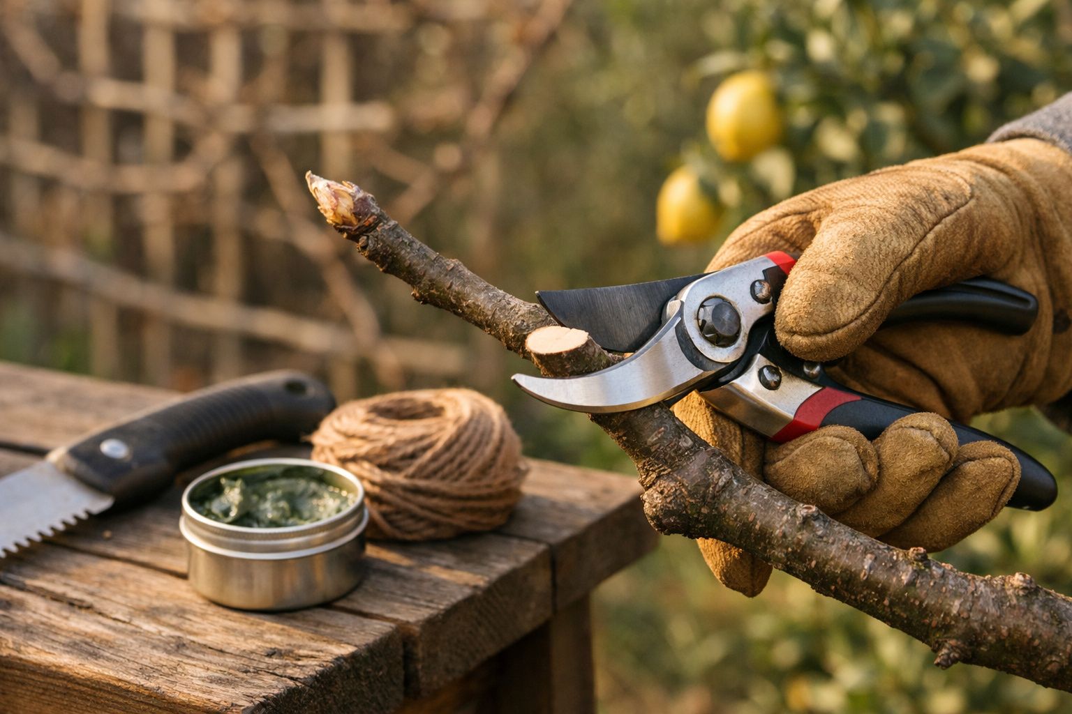 Pessoa a podar ramos com uma tesoura de jardim numa vinha, com ferramentas sobre a mesa de madeira.