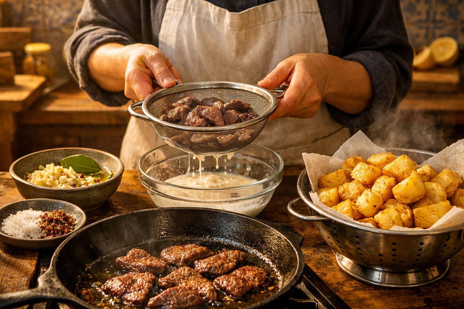 Pessoa cozinhando tiras de carne numa frigideira de ferro, com batatas fritas e especiarias ao fundo.