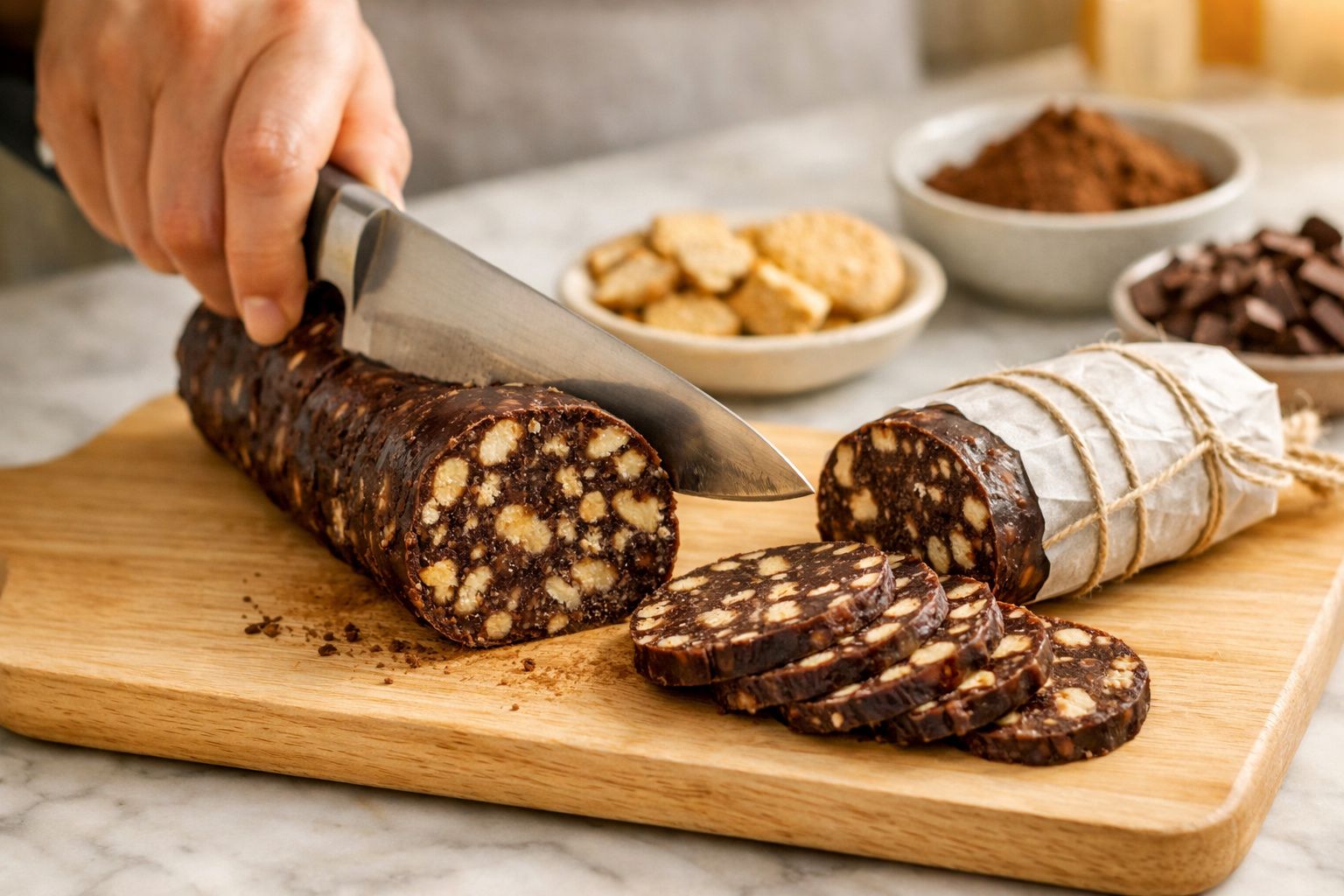 Mãos cortando fatias de salame de chocolate sobre tábua de madeira, com coador e açúcar ao fundo.