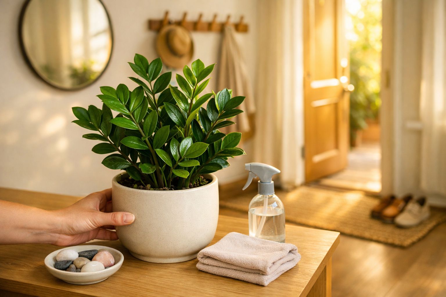 Pessoa ajustando vaso de planta sobre mesa de madeira com toalha, garrafa de spray e chaves ao lado.