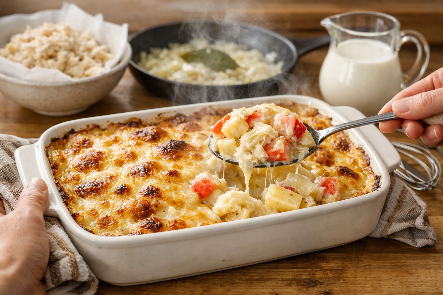 Travessa de bacalhau com natas dourado, servida quente. Decoração rústica com panos e tigelas ao fundo.