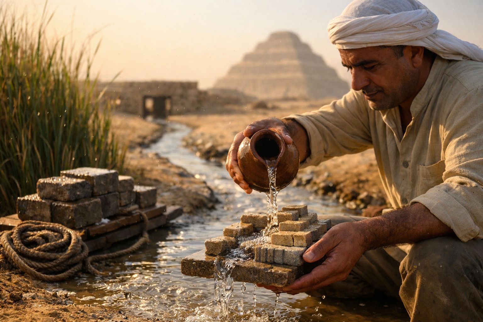 Arqueólogo de chapéu examina pedras junto a corrente de água com pirâmide ao fundo, sob luz do amanhecer.