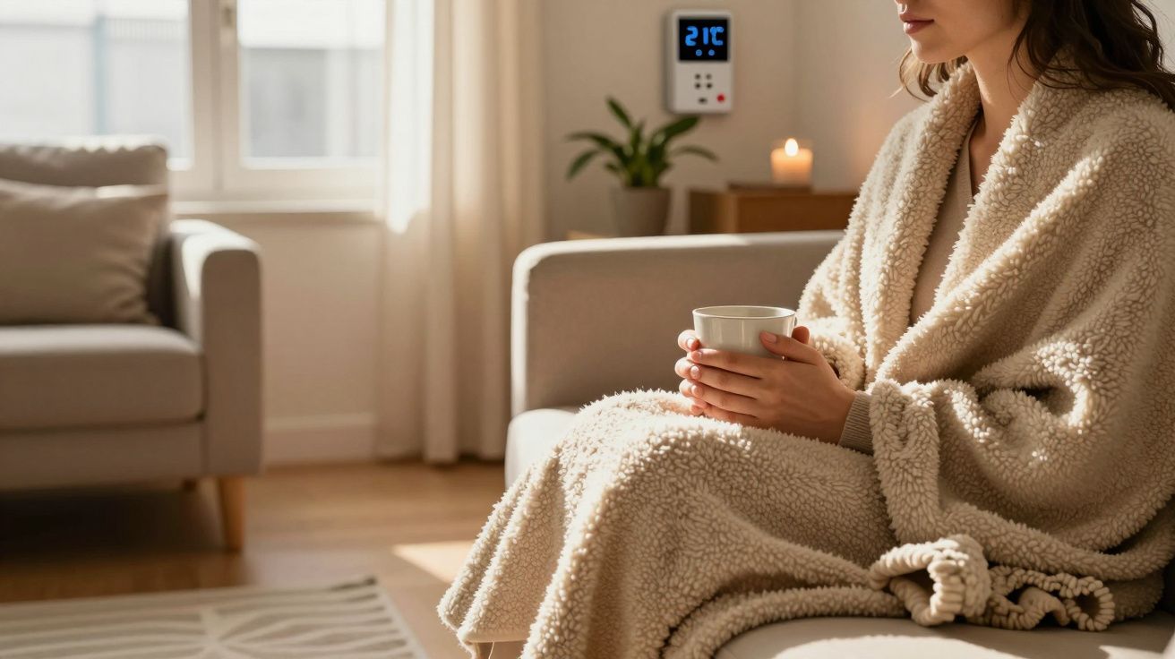 Mulher com roupão de lã sentada no sofá a segurar uma chávena, vela acesa no fundo e termostato na parede.