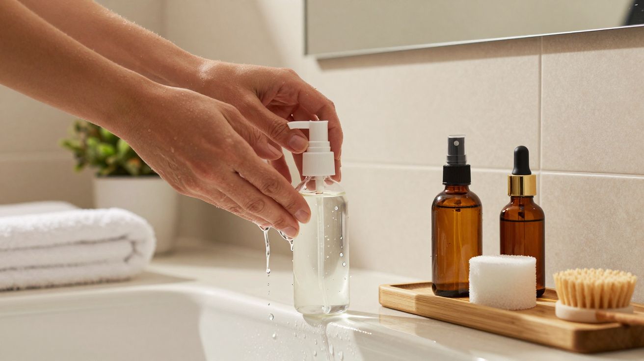 Mãos a utilizar dispensador de sabonete líquido numa casa de banho, com toalha e frascos de produtos de cuidados pessoais ao 