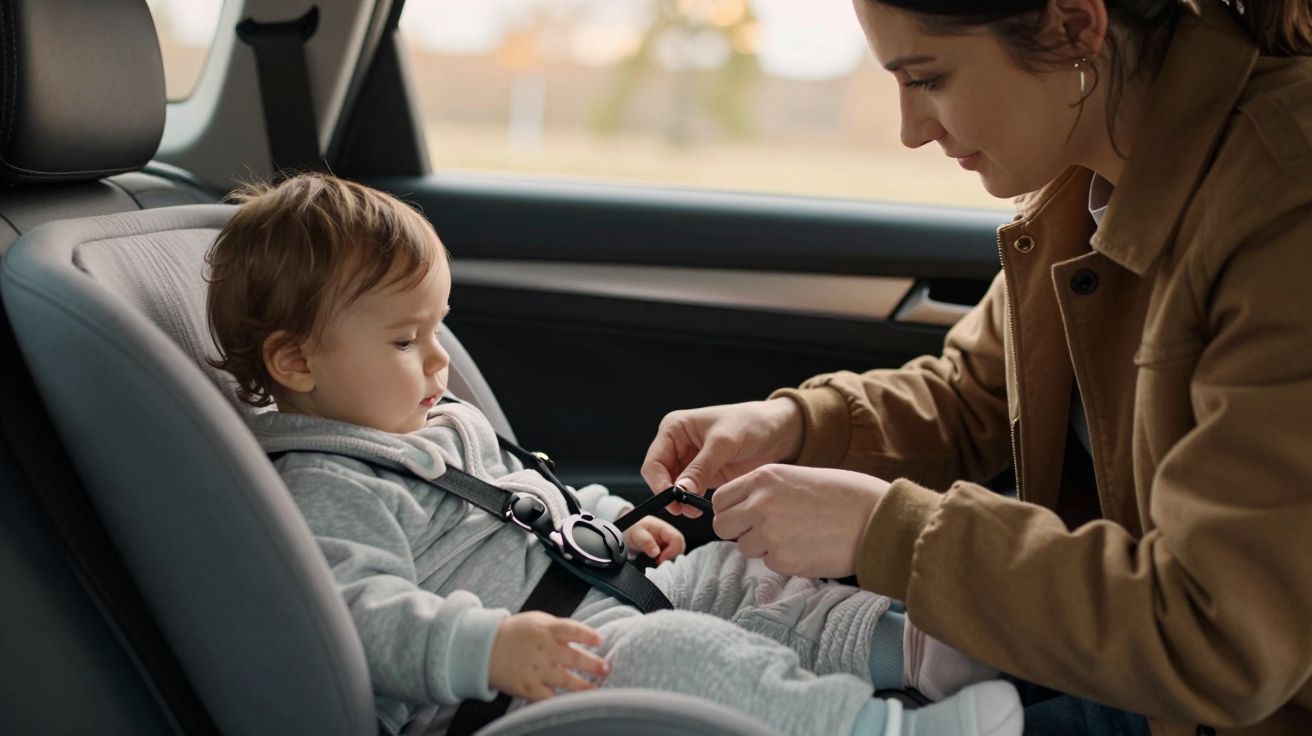 Mulher prende cinto de segurança de bebé numa cadeira auto no carro.