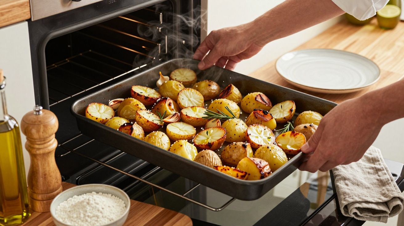 Pessoa retira tabuleiro de batatas assadas com limão e alecrim do forno, numa cozinha bem iluminada.