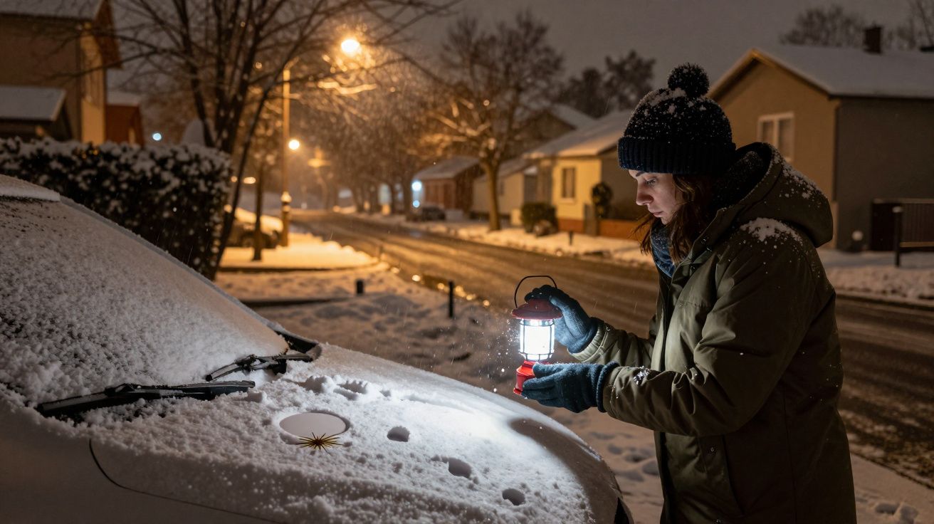Mulher com lanterna observa neve em carro estacionado em rua nevada à noite.