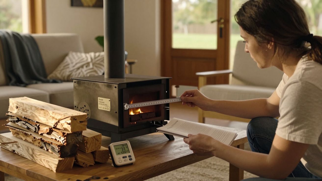 Mulher mede temperatura de lareira com termómetro. Lenha e termómetro digital na mesa ao lado. Sala de estar ao fundo.