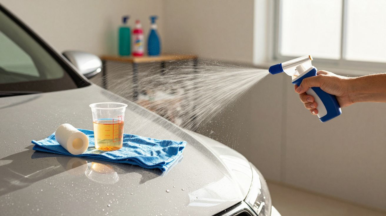 Mão borrifa líquido num capô de carro com pano azul e copo medidor em cima. Produtos de limpeza ao fundo.