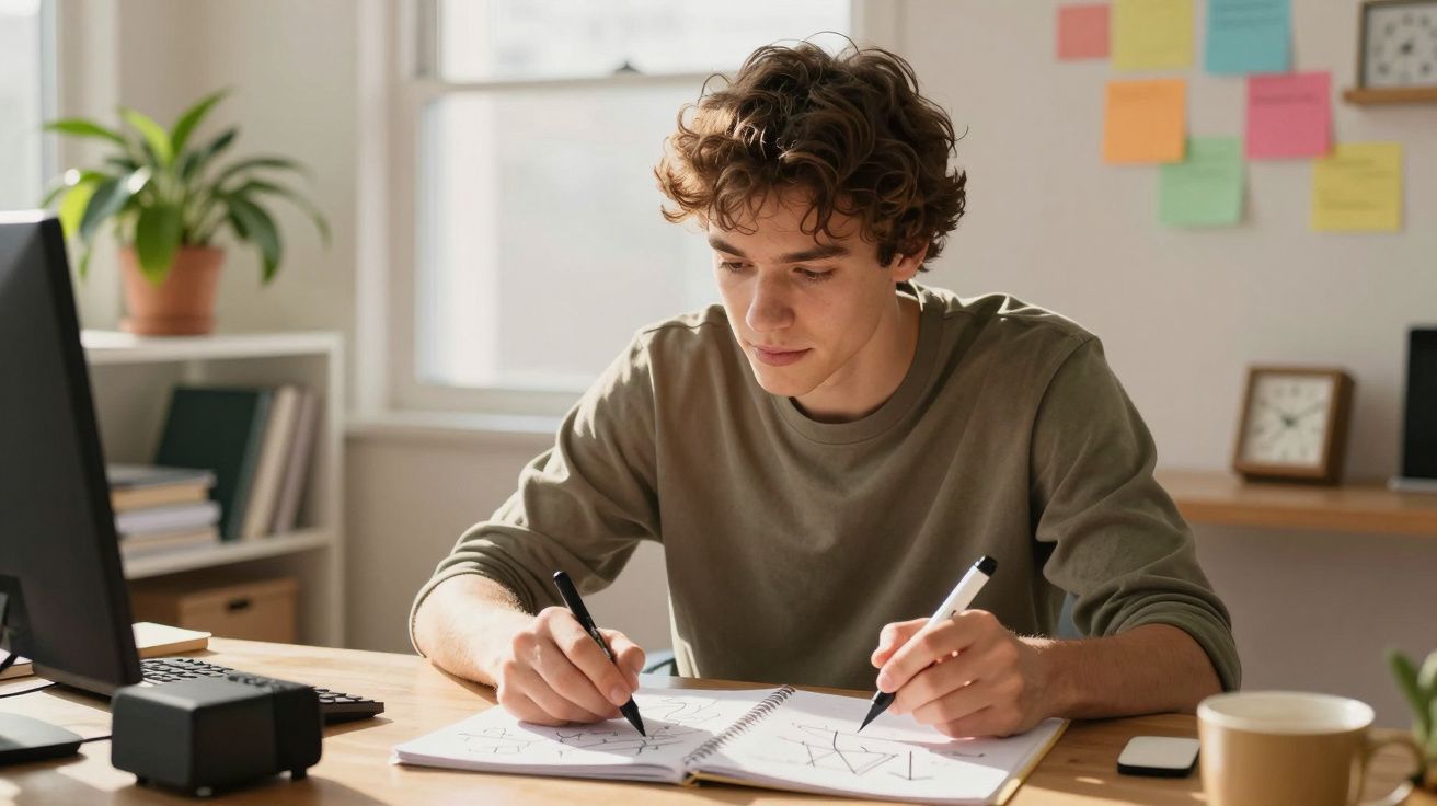 Jovem concentrado a estudar à secretária, com dois cadernos, num escritório iluminado pelo sol.