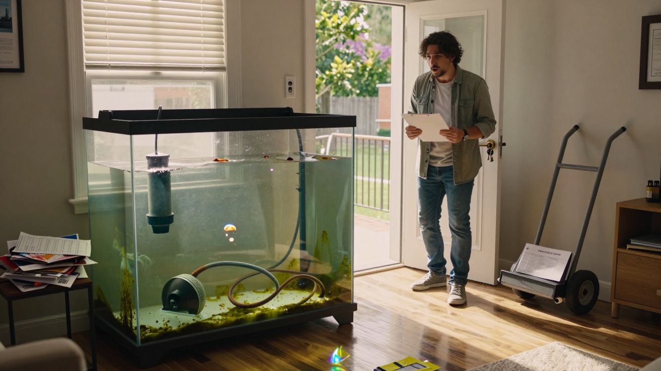 Homem com papel na mão, de pé ao lado de um aquário grande numa sala iluminada, com uma porta aberta ao fundo.