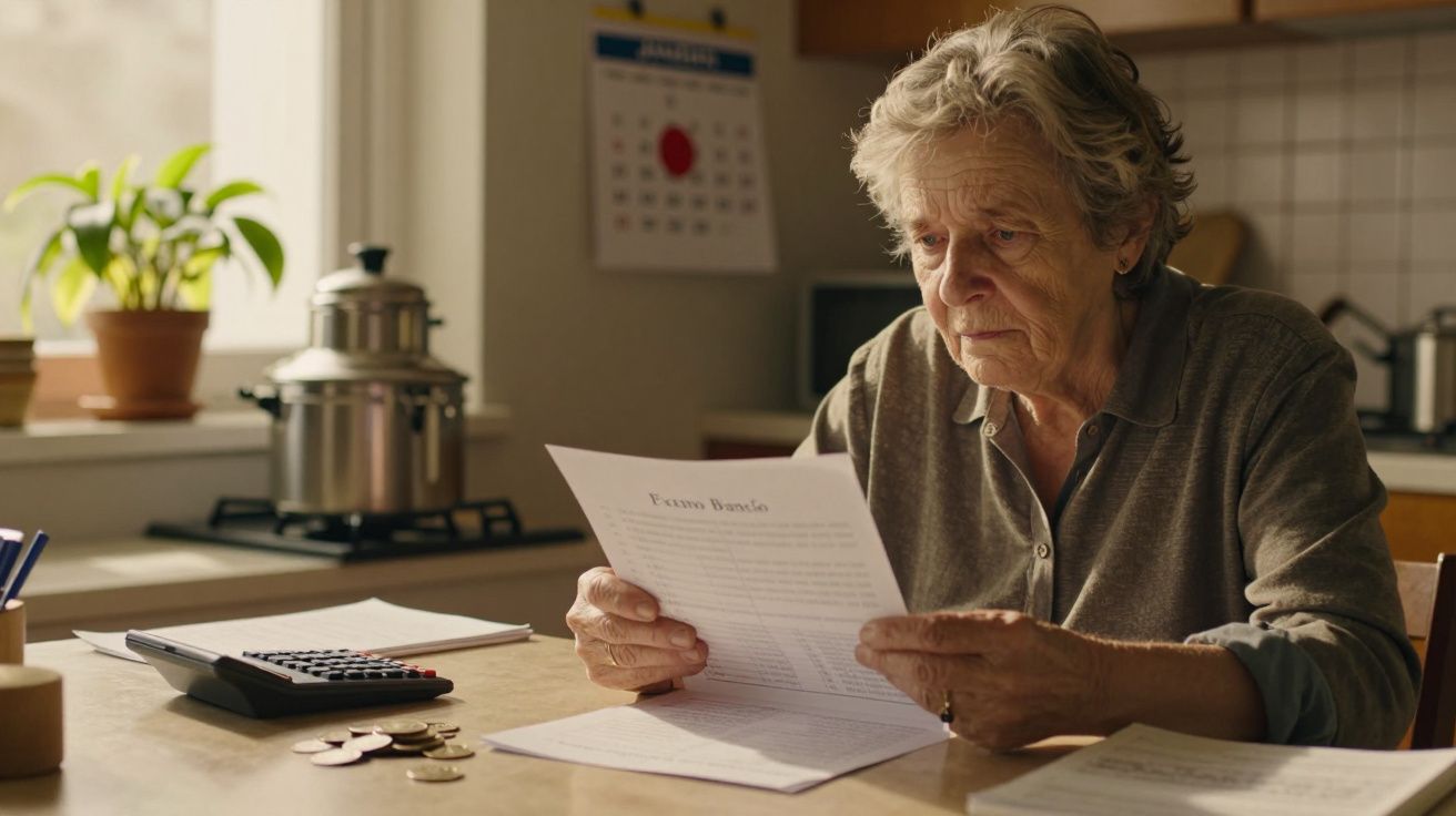 Idosa sentada à mesa, lendo documentos com calculadora e moedas ao lado, na cozinha iluminada pelo sol.