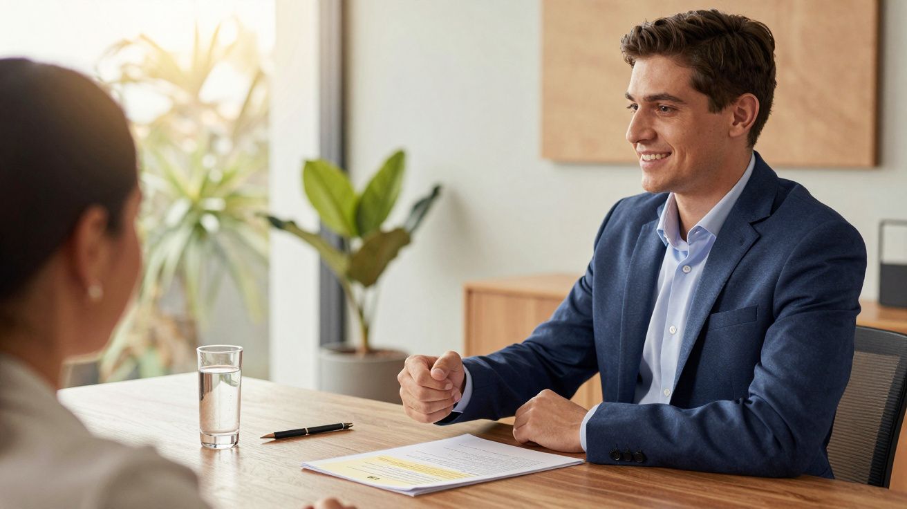 Homem em entrevista de emprego, sentado à mesa com documentos e copo de água, sorrindo para outra pessoa.