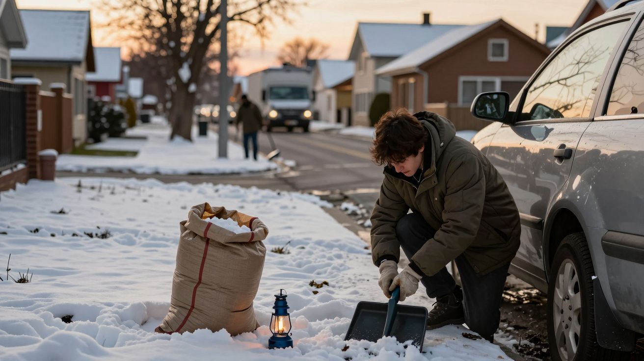 Pessoa a limpar neve ao lado de um carro, com pá e lanterna, num bairro residencial ao amanhecer.